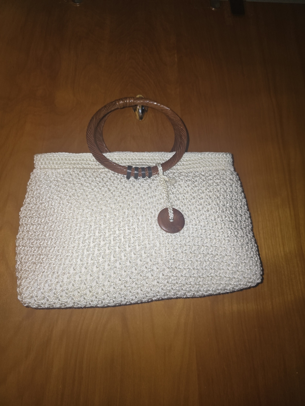 The SAX Cream Woven Handle Clutch with Wooden Ring